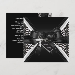 Invitación Fiesta Sorpresa Cebra Negro Blanco Lazo