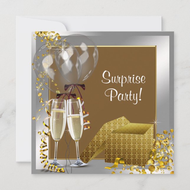 Invitación Fiesta Sorpresa Champán Confeti Plata Dorado (Anverso)