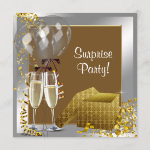 Invitación Fiesta Sorpresa Champán Confeti Plata Dorado