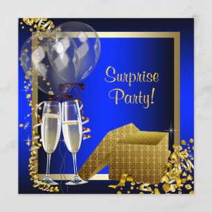 Invitación Fiesta Sorpresa Confeti de Champán Azul y Dorado