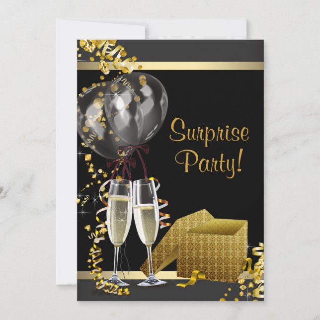 Invitación Fiesta Sorpresa Confeti de Champán Negro Dorado (Anverso)