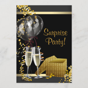 Invitación Fiesta Sorpresa Confeti de Champán Negro Dorado