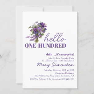 Invitación Fiesta Sorpresa Cumpleaños 100 Ramo Floral Púrpura