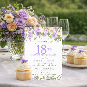 Invitación FIESTA SORPRESA Cumpleaños 18 Hermosa Floral Púrpu