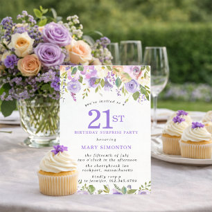 Invitación FIESTA SORPRESA Cumpleaños 21 Hermosa Floral Púrpu