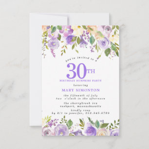 Invitación FIESTA SORPRESA Cumpleaños 30 Floral Morado Bonito