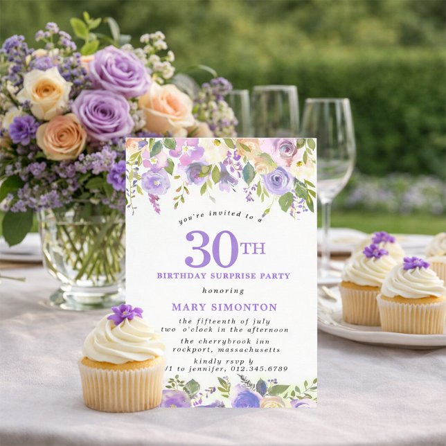 Invitación FIESTA SORPRESA Cumpleaños 30 Floral Morado Bonito (Subido por el creador)