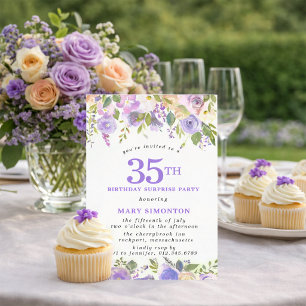 Invitación FIESTA SORPRESA Cumpleaños 35 Floral Morado Bonito