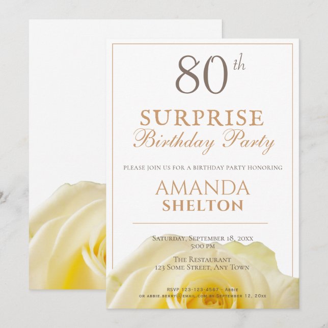 Invitación Fiesta Sorpresa Cumpleaños 80 Rosas Amarillas Flor (Anverso / Reverso)
