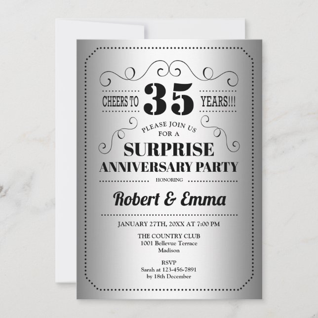 Invitación Fiesta sorpresa de 35 años - negro plateado (Anverso)
