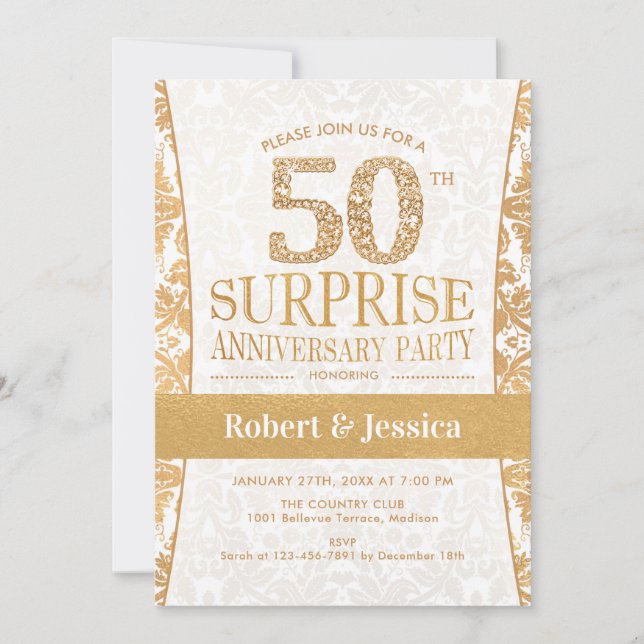 Invitación Fiesta sorpresa de 50 aniversario - blanco dorado (Anverso)
