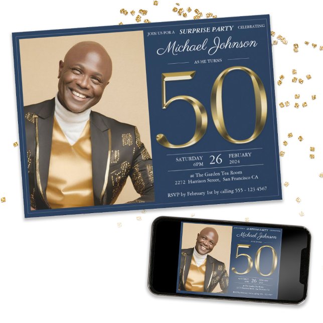 Invitación Fiesta sorpresa de 50 años de la Marina de Oro (Gold Navy Blue Photo 50th Birthday Surprise Party Invitation)