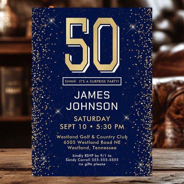 Invitación Fiesta sorpresa de 50 cumpleaños azul marino moder (Subido por el creador)