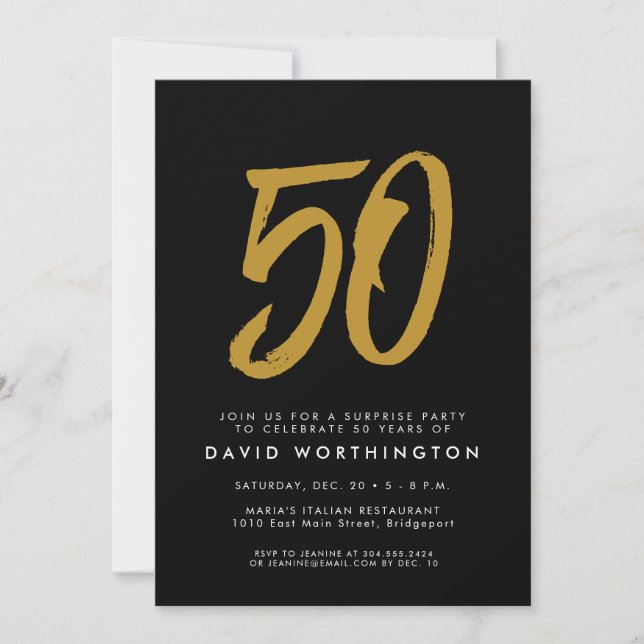 Invitación fiesta sorpresa de 50 cumpleaños negro oro (Anverso)