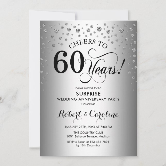 Invitación Fiesta sorpresa de 60 aniversario - negro plateado (Anverso)