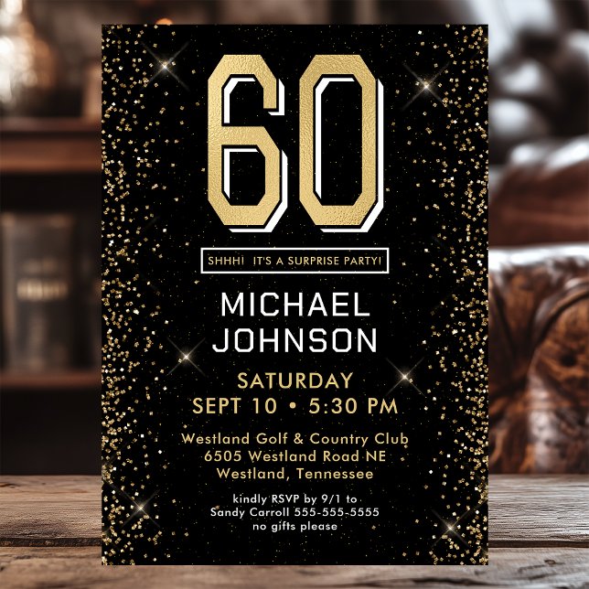 Invitación Fiesta sorpresa de 60 cumpleaños negra moderna (Subido por el creador)