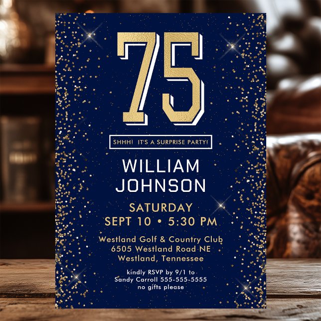 Invitación Fiesta sorpresa de 75 cumpleaños azul marino moder (Subido por el creador)