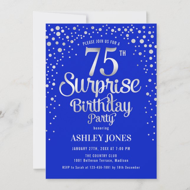 Invitación Fiesta sorpresa de 75 cumpleaños - Plata y azul re (Anverso)