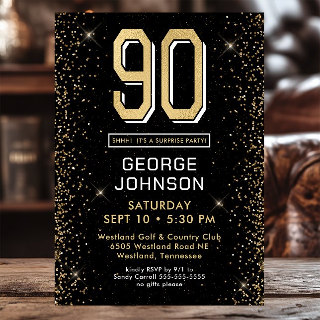 Invitación Fiesta sorpresa de 90 cumpleaños negra moderna (Subido por el creador)