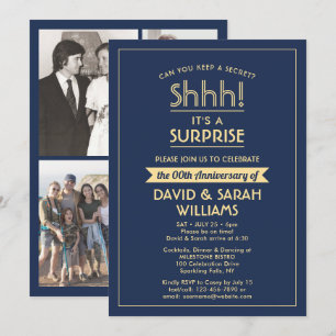 Invitación Fiesta Sorpresa de Aniversario Elegante Azul Marin