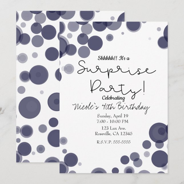 Invitación Fiesta sorpresa de burbujas de puntos de polka azu (Anverso / Reverso)