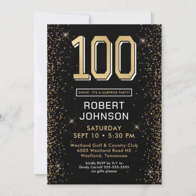Invitación Fiesta sorpresa de cumpleaños 100 del oro negro mo (Anverso)
