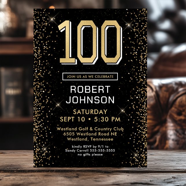 Invitación Fiesta sorpresa de cumpleaños 100 del oro negro mo (Subido por el creador)