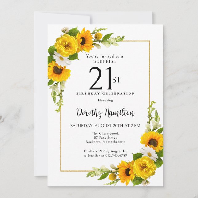 Invitación Fiesta sorpresa de cumpleaños 21 de Sunflower Dais (Anverso)