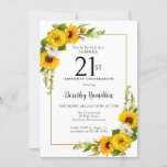 Invitación Fiesta sorpresa de cumpleaños 21 de Sunflower Dais<br><div class="desc">Bonito floral de girasol amarillo 30 invitación de cumpleaños. Las peonías amarillas y las margaritas blancas se mezclan con los girasoles. Un marco dorado rectangular le da un ambiente elegante. Muy fácil de personalizar. Esa espalda es blanca con un ramo de girasol. Esto es perfecto para una celebración de cumpleaños...</div>