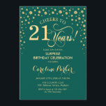Invitación Fiesta sorpresa de cumpleaños 21 - Verde esmeralda<br><div class="desc">Invitación a la fiesta sorpresa de cumpleaños 21.
Diseño elegante en verde esmeralda y dorado con brillo falso. Características de la fuente de escritura y confeti de diamantes. ¡Salud por 21 años! Envíame un mensaje si necesitas más personalización.</div>