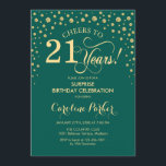 Invitación Fiesta sorpresa de cumpleaños 21 - Verde esmeralda<br><div class="desc">Invitación a la fiesta sorpresa de cumpleaños 21.
Diseño elegante en verde esmeralda y dorado con brillo falso. Características de la fuente de escritura y confeti de diamantes. ¡Salud por 21 años! Envíame un mensaje si necesitas más personalización.</div>