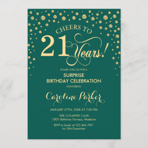 Invitación Fiesta sorpresa de cumpleaños 21 - Verde esmeralda