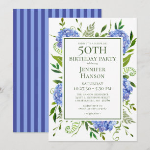 Invitación Fiesta sorpresa de cumpleaños 50 azul con hortensi