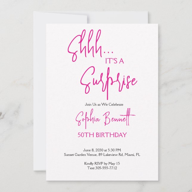 Invitación Fiesta sorpresa de cumpleaños 50 Script Pink  (Anverso)