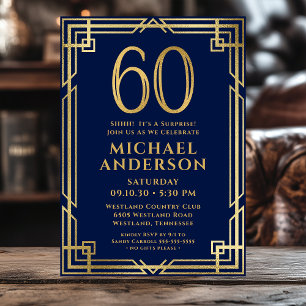 Invitación Fiesta Sorpresa de Cumpleaños 60 Navy Azul Dorado 