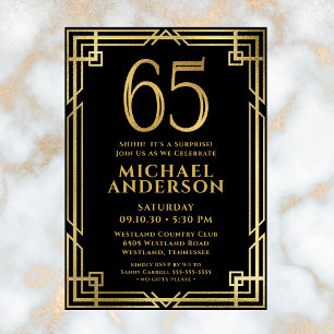 Invitación Fiesta Sorpresa de Cumpleaños 65 en Oro Negro