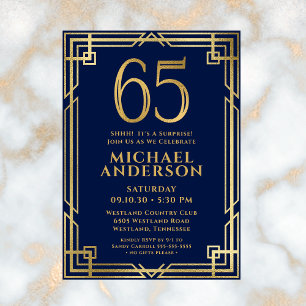 Invitación Fiesta Sorpresa de Cumpleaños 65 Navy Azul Dorado