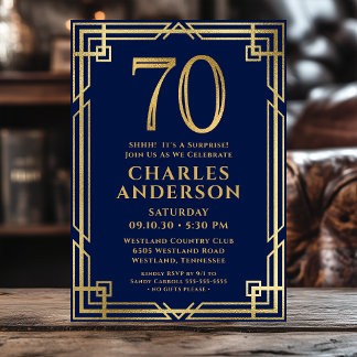 Invitación Fiesta Sorpresa de Cumpleaños 70 Navy Blue Gold Fo