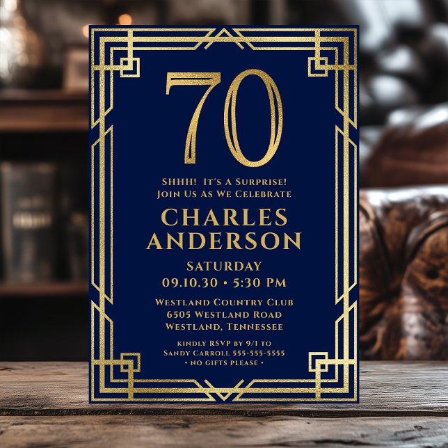 Invitación Fiesta Sorpresa de Cumpleaños 70 Navy Blue Gold Fo (Subido por el creador)