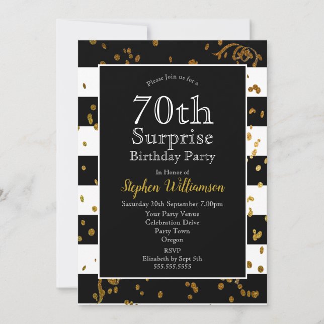 Invitación Fiesta Sorpresa de Cumpleaños 70  Negro y Dorado (Anverso)