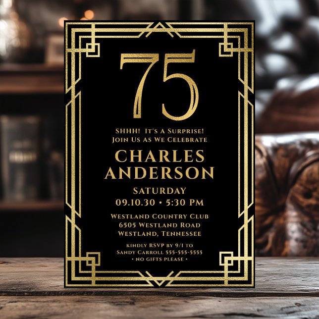 Invitación Fiesta Sorpresa de Cumpleaños 75 de Oro Negro (Subido por el creador)