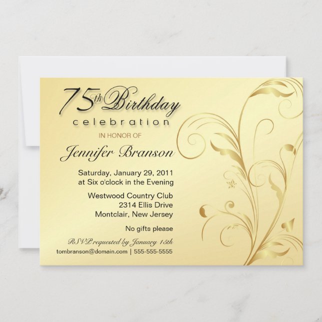 Invitación Fiesta sorpresa de cumpleaños 75 - Elegante floral (Anverso)
