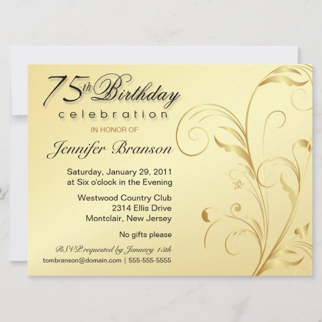 Invitación Fiesta sorpresa de cumpleaños 75 - Floral de oro - (Anverso)