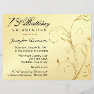 Invitación Fiesta sorpresa de cumpleaños 75 - Floral de oro -