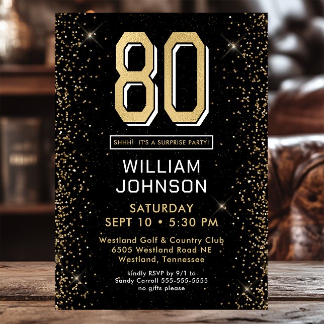 Invitación Fiesta Sorpresa de Cumpleaños 80 Moderno Negro (Subido por el creador)