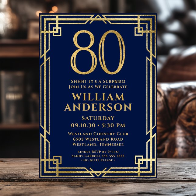 Invitación Fiesta Sorpresa de Cumpleaños 80 Navy Blue Gold Fo (Subido por el creador)