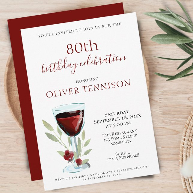 Invitación Fiesta sorpresa de cumpleaños 80 rustic con vino t (Subido por el creador)
