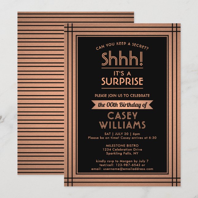 Invitación Fiesta sorpresa de cumpleaños elegante negro y cob (Anverso / Reverso)