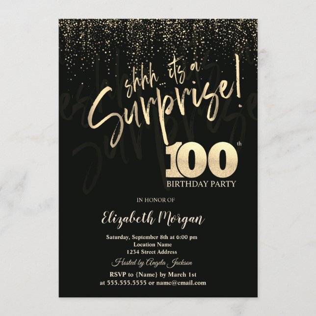 Invitación Fiesta Sorpresa de Cumpleaños Número 100 Dorado Fe (Anverso)