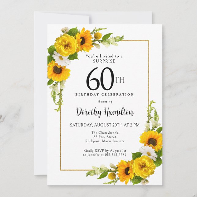 Invitación Fiesta sorpresa de cumpleaños número 60 de Sunflow (Anverso)